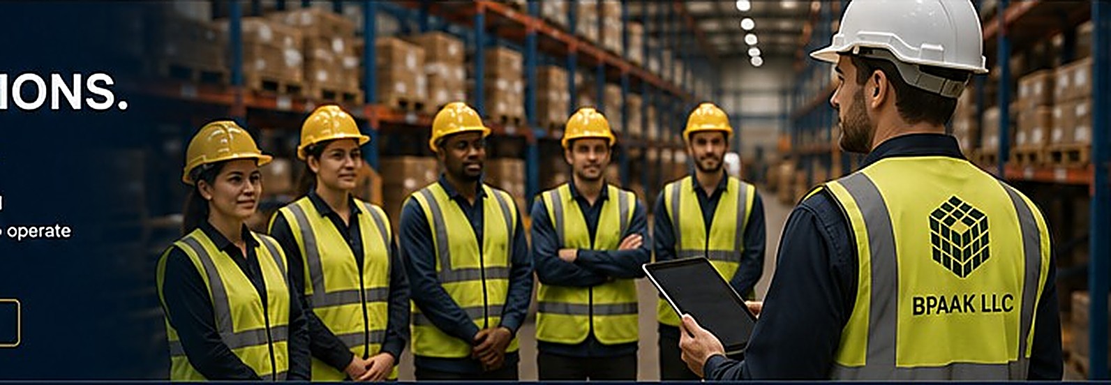 BPAAK LLC supervisor briefing a team of warehouse workers in safety vests and hard hats