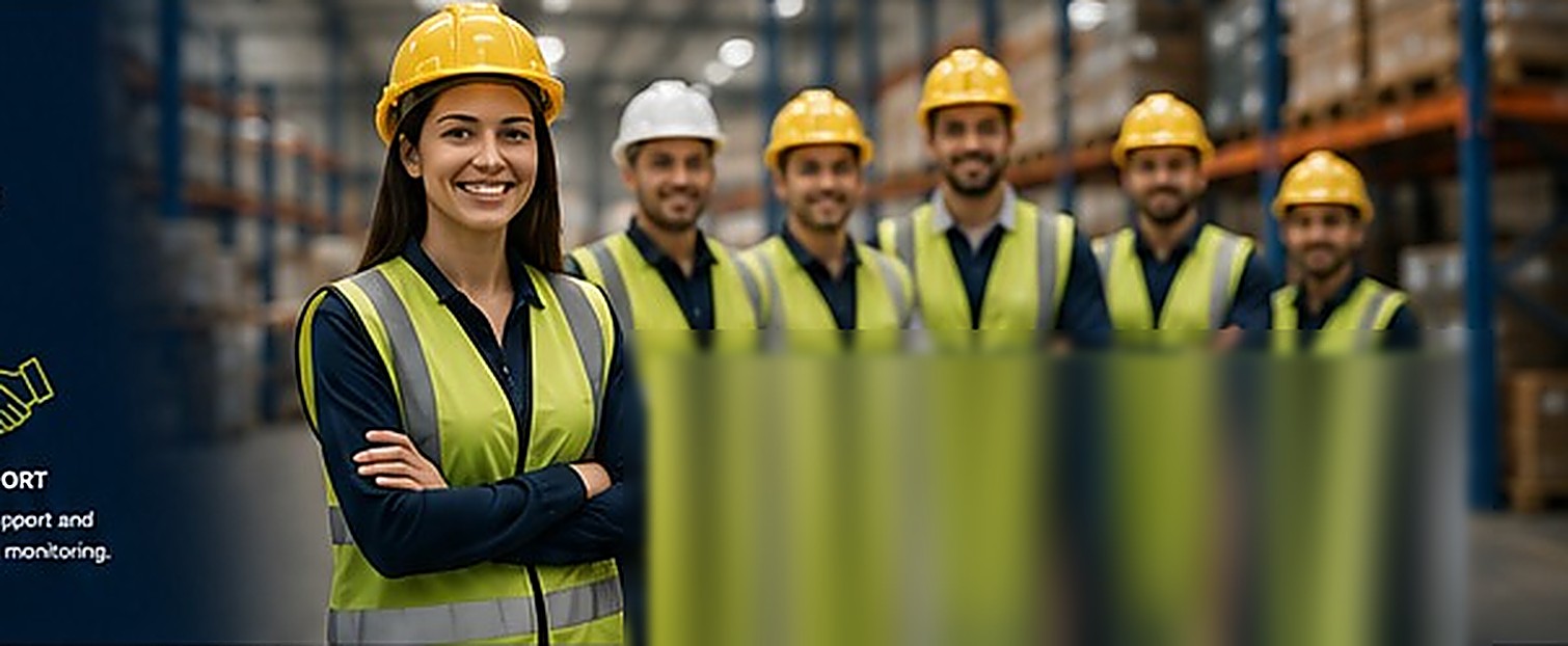 Smiling warehouse supervisor in a yellow hard hat with her team behind her