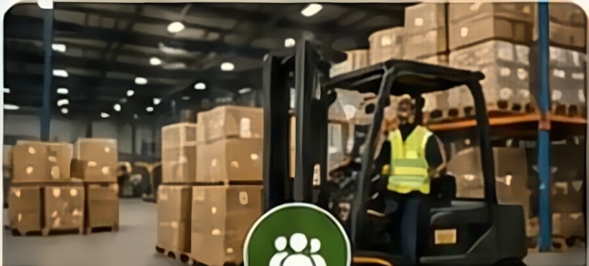 Forklift moving pallets of boxes inside a distribution warehouse