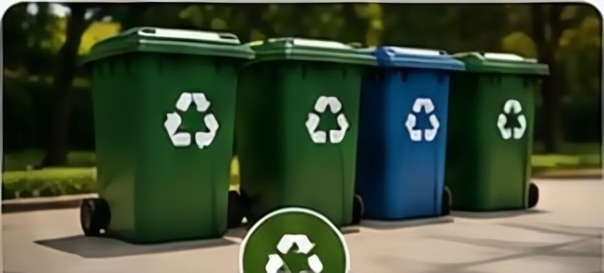 Green and blue recycling bins lined up outside a building