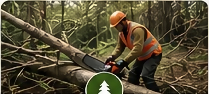 Forestry worker cutting a fallen tree with a chainsaw